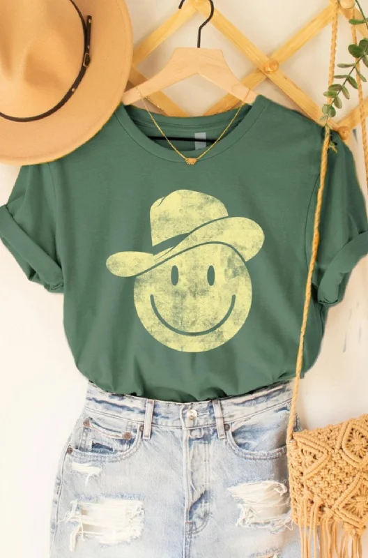 "Smiley Face" Cowboy Graphic Tee - (Deep Sage) Striped Floral Plaid