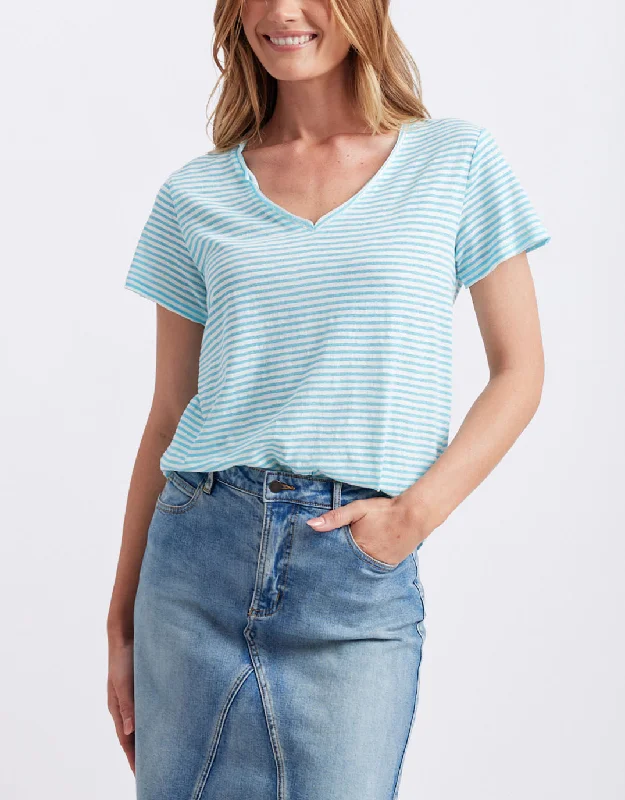 Sorbet Stripe Vee Neck Tee - Azure Blue Anti-Shrink Durable Soft