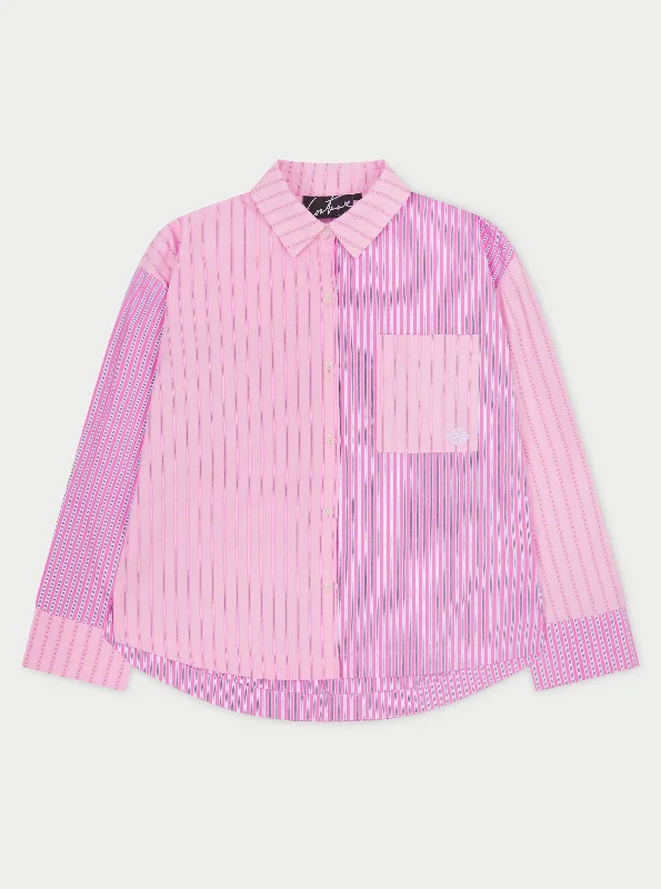 SPLICED STRIPE SHIRT - PINK Classic V-Neck Short Shirt