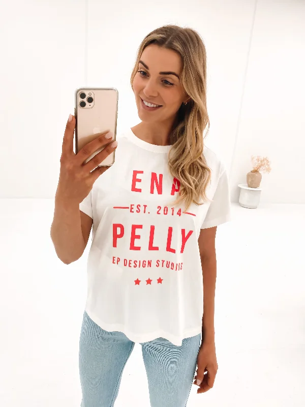 Stacked Text Tee Vintage White Solid Color Striped Floral