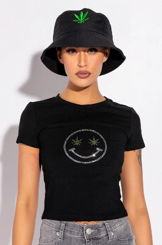STAY WEIRD RHINESTONE CROPPED T SHIRT Fashionable Button-Front Short Sleeve
