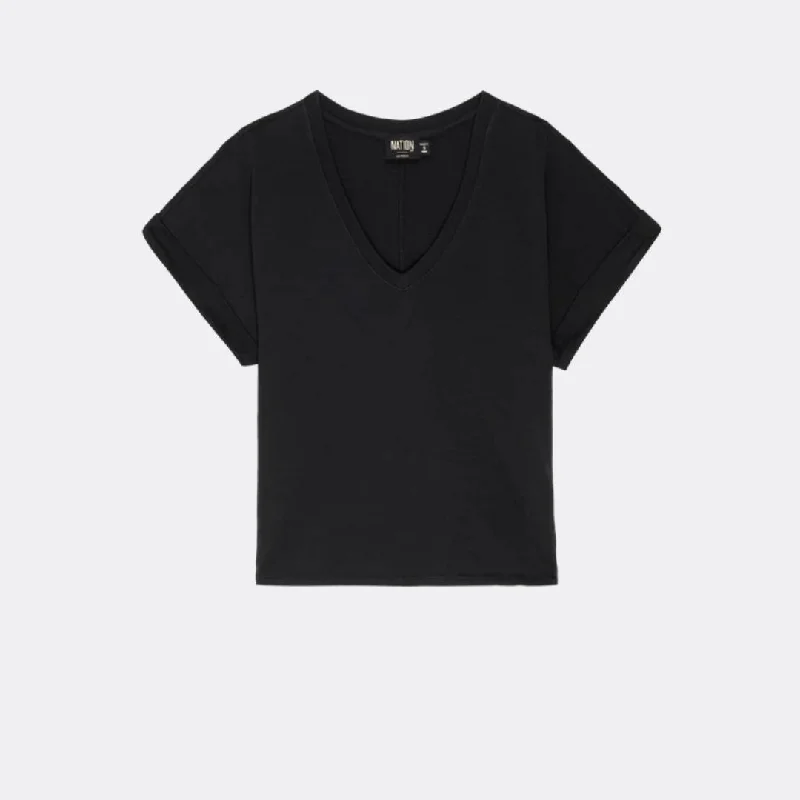 Stevie Cuffed V-Neck Tee (Jet Black) Denim Fabric Leather Fabric Suede Fabric