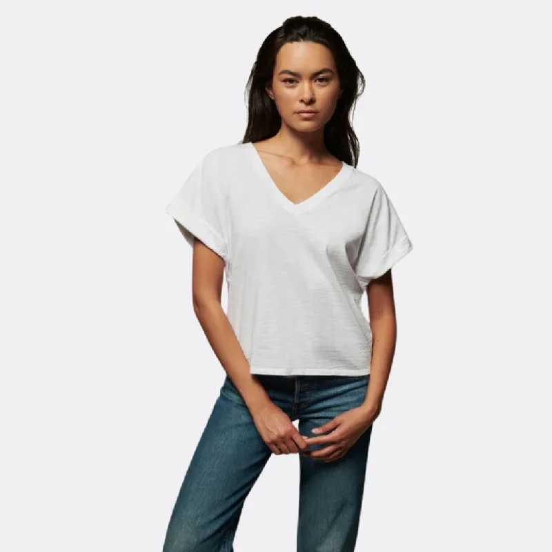 Stevie Cuffed V-Neck Tee (Optic White) Welt Pockets Slit Pockets Flap Pockets