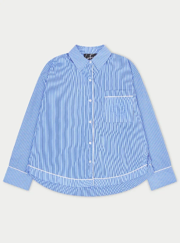 STRIPE PIPED EMBLEM SHIRT - BLUE Casual Loose Short Sleeve