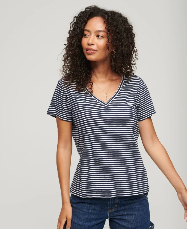 Studios Slub Emb Vee Tee | Navy/Optic Stripe Rayon Velvet Corduroy