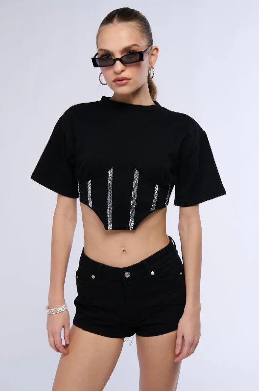 SUGAR EMBELLISHED RHINESTONE CORSET DETAIL T SHIRT Classic Short Sleeve Tunic