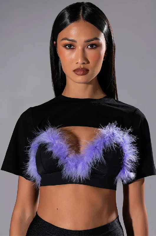 TAI FEATHER TRIM BRA AND ULTRA CROP TSHIRT SET Casual Boxy Short Shirt