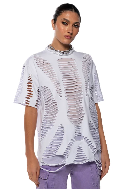 TELL EM DISTRESSED LAYERED SHORT SLEEVE TSHIRT Modern Short Sleeve Top