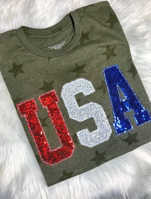 "USA" Patriotic  Tee Beaded Sequined Faux Fur