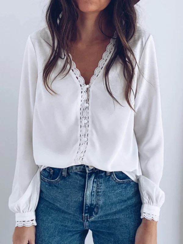 V-Neck Long Sleeve Shirt Relaxed Cotton Short Blouse