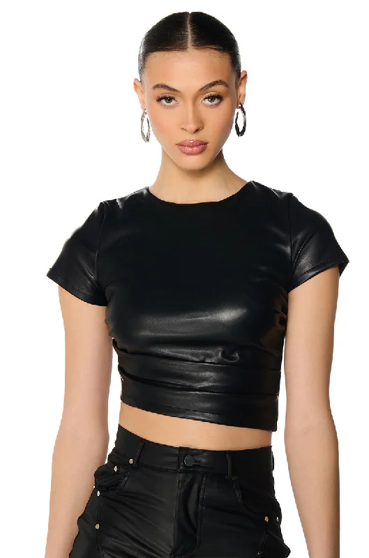 VALENTINA SHORT SLEEVE FAUX LEATHER CROP SHIRT Comfortable Summer Short Shirt