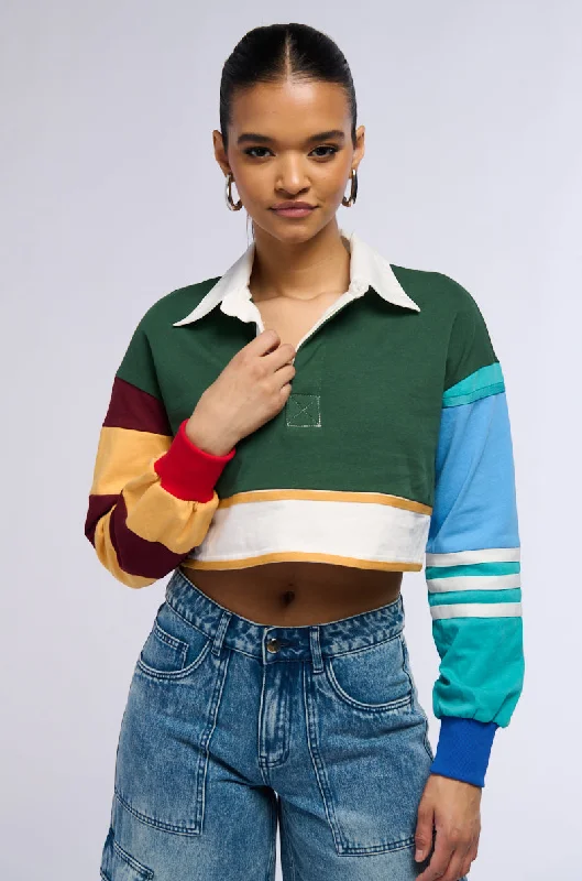 VARSITY LETTER LONG SLEEVE CROPPED POLO SHIRT Soft Cotton Short Tee