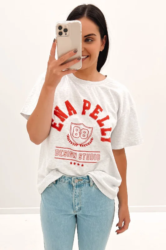 Varsity Crest Tee White Marle Notch Collar Peter Pan Collar Cowl Neck