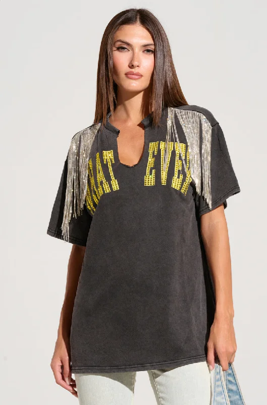 WHATEVER BABES RHINESTONE FRINGE TSHIRT IN GREY Classic Short Sleeve Blouse