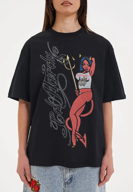 Womens Devil In Details Relaxed Tshirt Top - Black Casual Button-Up Short Tee