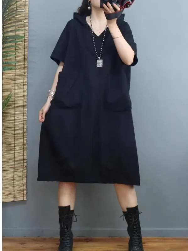 Women's  Everyday Wear Casual Mid-Length Large Pocket Hoodie Shirt Stylish Short Sleeve Top