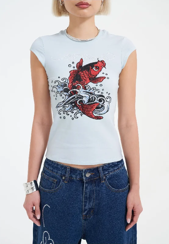 Womens Koi Wave Diamante Cap Sleeve Tshirt Top - Blue Elegant Button-Down Short Shirt