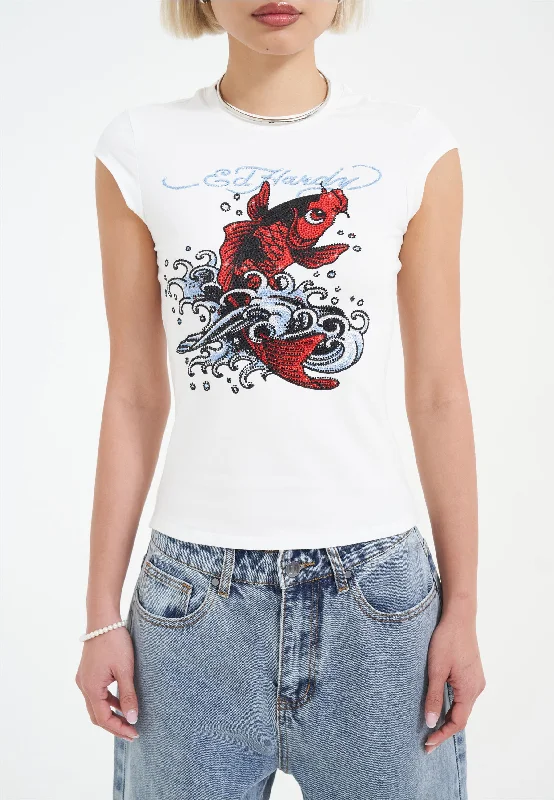 Womens Koi Wave Diamante Cap Sleeve Tshirt Top - White Casual Cotton Short Shirt