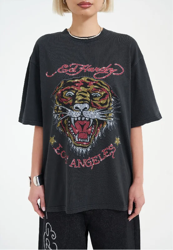 Womens La Tiger Vintage Diamante Tshirt - Black Relaxed Cotton Short Blouse
