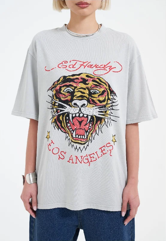 Womens La Tiger Vintage Diamante Tshirt - Grey Fashionable Rounded Short Shirt