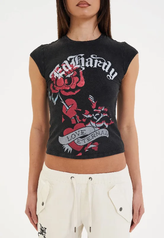Womens Love Eternal Cap Sleeve Tshirt Top - Black Soft Cotton Short Tee