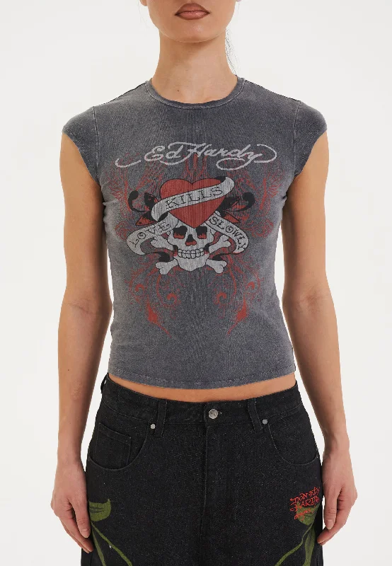 Womens Love Kills Cap Sleeve Tshirt Top - Grey Elegant Silk Short Shirt