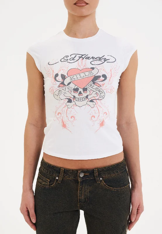 Womens Love Kills Cap Sleeve Tshirt Top -  White Chic Button-Up Short Shirt