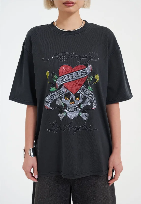 Womens Love Kills Slowly Diamante Tshirt - Black Chic Embellished Short Sleeve
