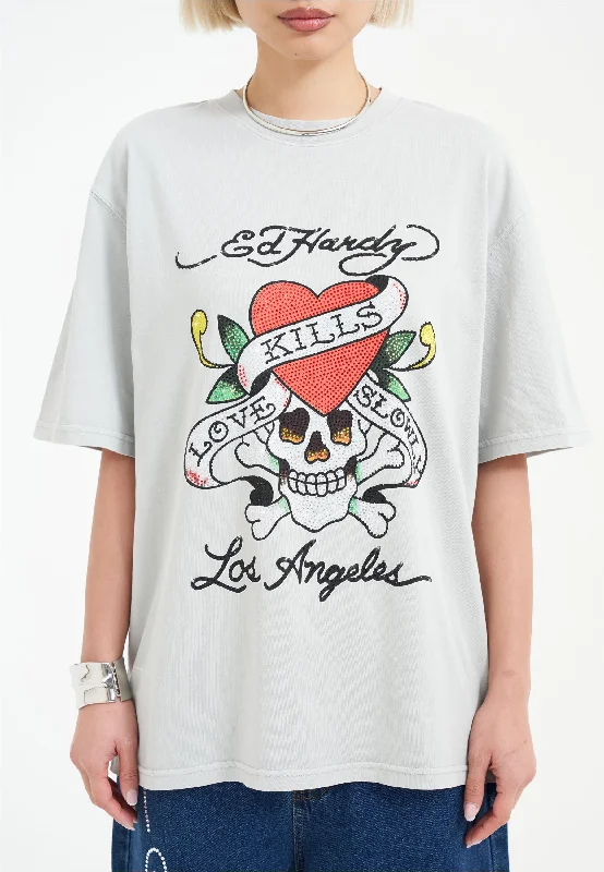 Womens Love Kills Slowly Diamante Tshirt - Grey Elegant Draped Short Sleeve