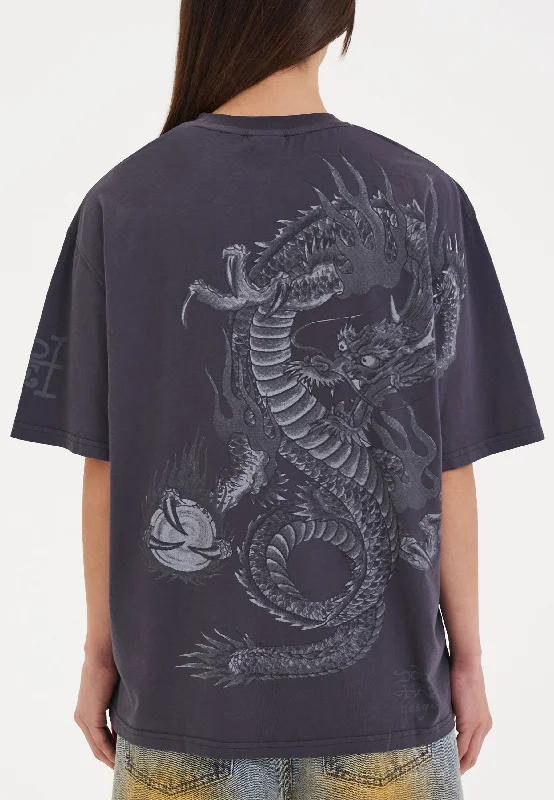 Womens Mono Fireball Dragon Tshirt Top - Dark Grey Relaxed Fit Short Shirt