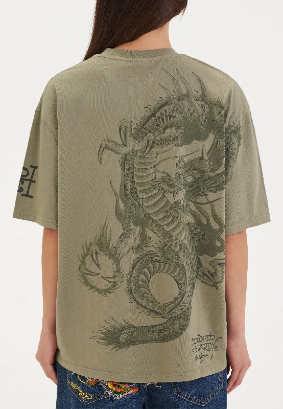 Womens Mono Fireball Dragon Tshirt Top - Green Trendy Print Short Sleeve