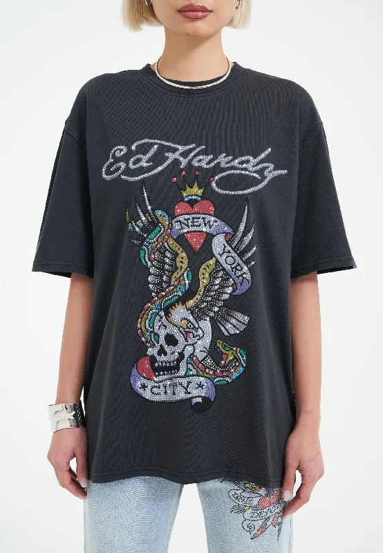 Womens New York City Diamante Tshirt - Black Stylish Casual Short Tee
