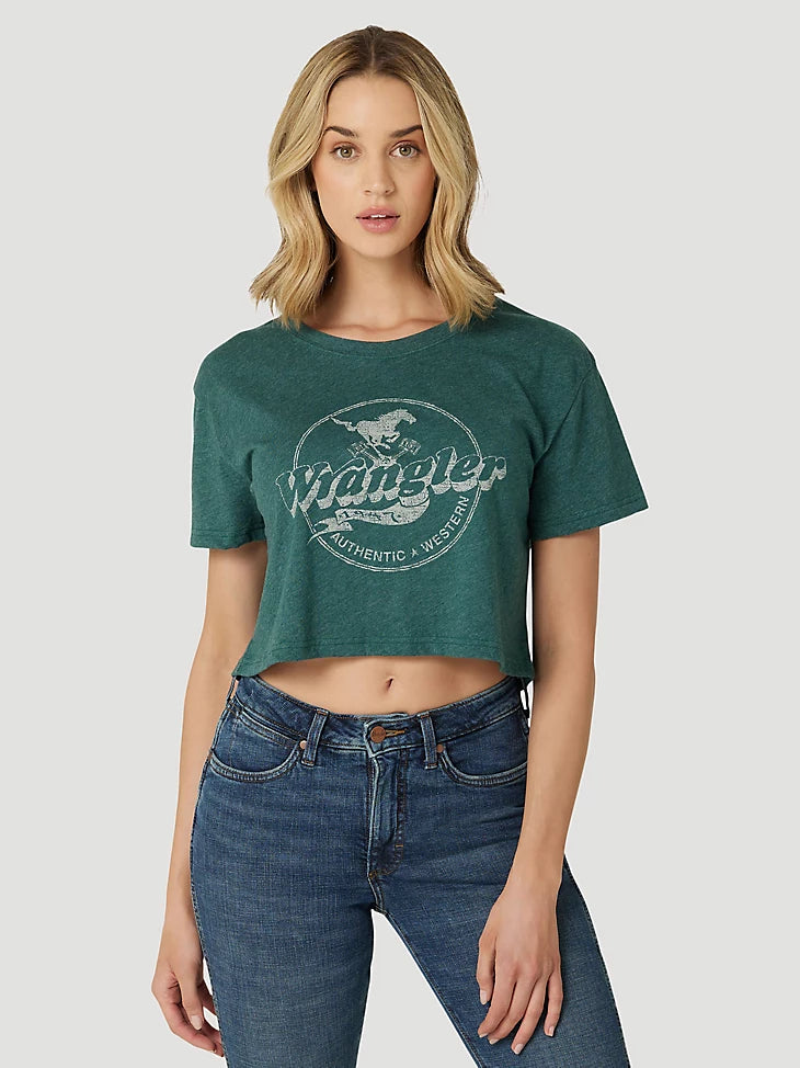 WOMEN'S WRANGLER GALLOPING BOYFRIEND CROP TEE IN JUNEBUG HEATHER Zippered Buttoned Snapped