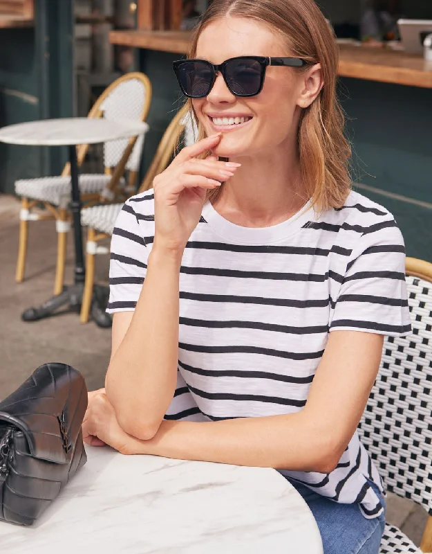 Yasmin Crew Neck Tee - White/Black Stripe Spandex Blend Rayon Blend Denim Blend