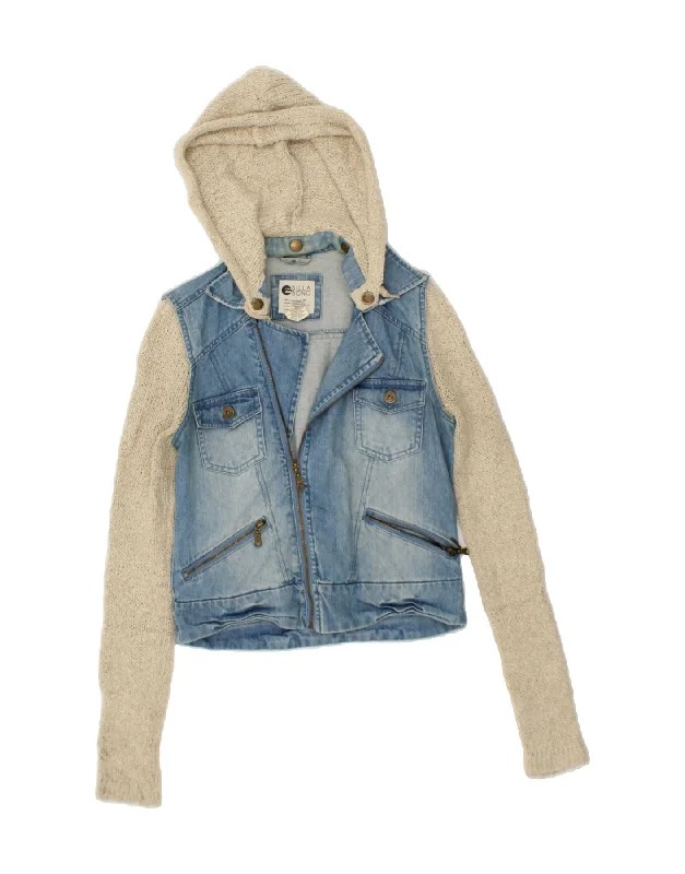 BILLABONG Womens Crop Hooded Denim Jacket UK 10 Small Blue Colourblock A-Line Jacket Boat Neck Shawl Collar BILLABONG Womens Crop Hooded Denim Jacket UK 10 Small Blue Colourblock A-Line Jacket Boat Neck Shawl Collar