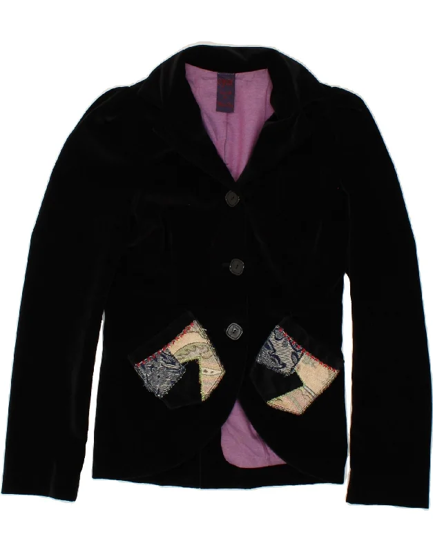 CYCLE Womens 3 Button Blazer Jacket UK 12 Medium Black Patchwork Polyester V-Neck Jacket Boat Neck Jacket Square Neck Jacket