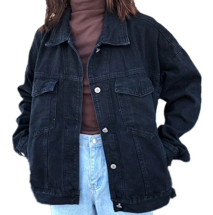 Women Black Denim Jacket Notch Collar Peter Pan Collar Cowl Neck