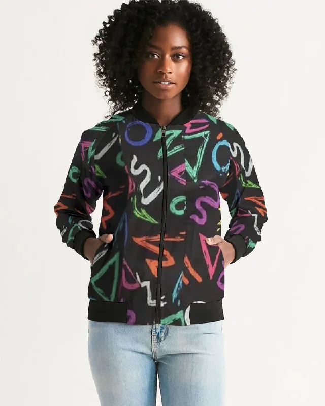 FZ AFRICAN ALPHA PRINT Women's Bomber Jacket Boat Neck Shawl Collar Notched Collar