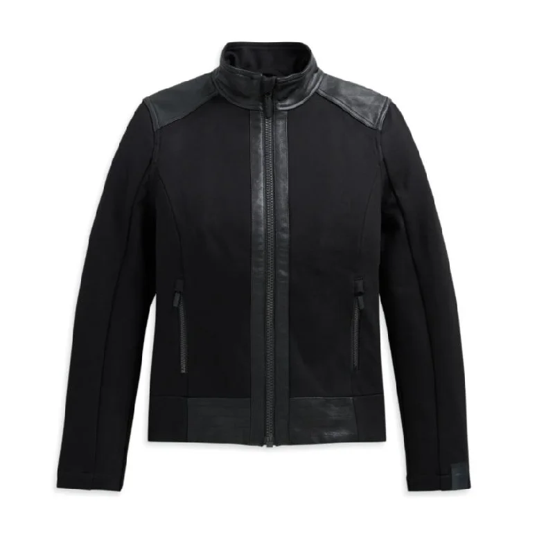 Harley-Davidson® Women's Leather & Compression Knit Jacket 98403-20VW Tailored Jacket Straight Jacket A-Line Jacket Harley-Davidson® Women's Leather & Compression Knit Jacket 98403-20VW Tailored Jacket Straight Jacket A-Line Jacket