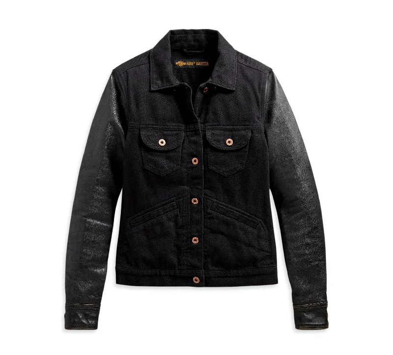 Harley-Davidson Women's Logo Leather Sleeve Denim Jacket - 98411-20VW Front Pockets Side Pockets Patch Pockets Harley-Davidson Women's Logo Leather Sleeve Denim Jacket - 98411-20VW Front Pockets Side Pockets Patch Pockets
