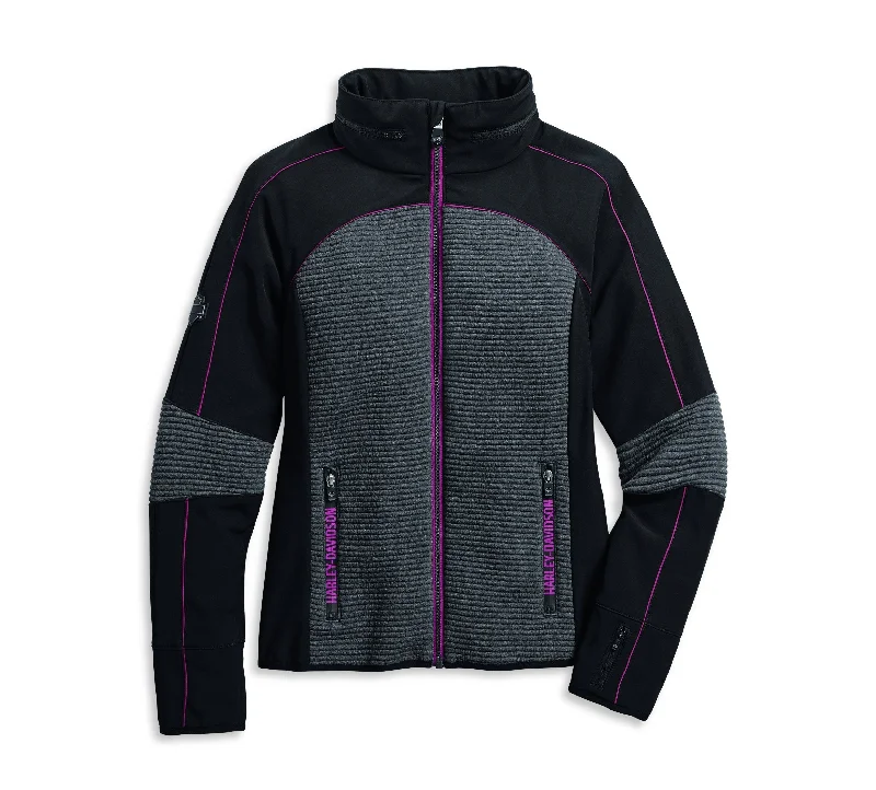 Harley-Davidson® Women's Mixed Media Textured Knit Jacket - 97409-20VW Print Jacket Jacquard Jacket Embroidered Jacket Harley-Davidson® Women's Mixed Media Textured Knit Jacket - 97409-20VW Print Jacket Jacquard Jacket Embroidered Jacket