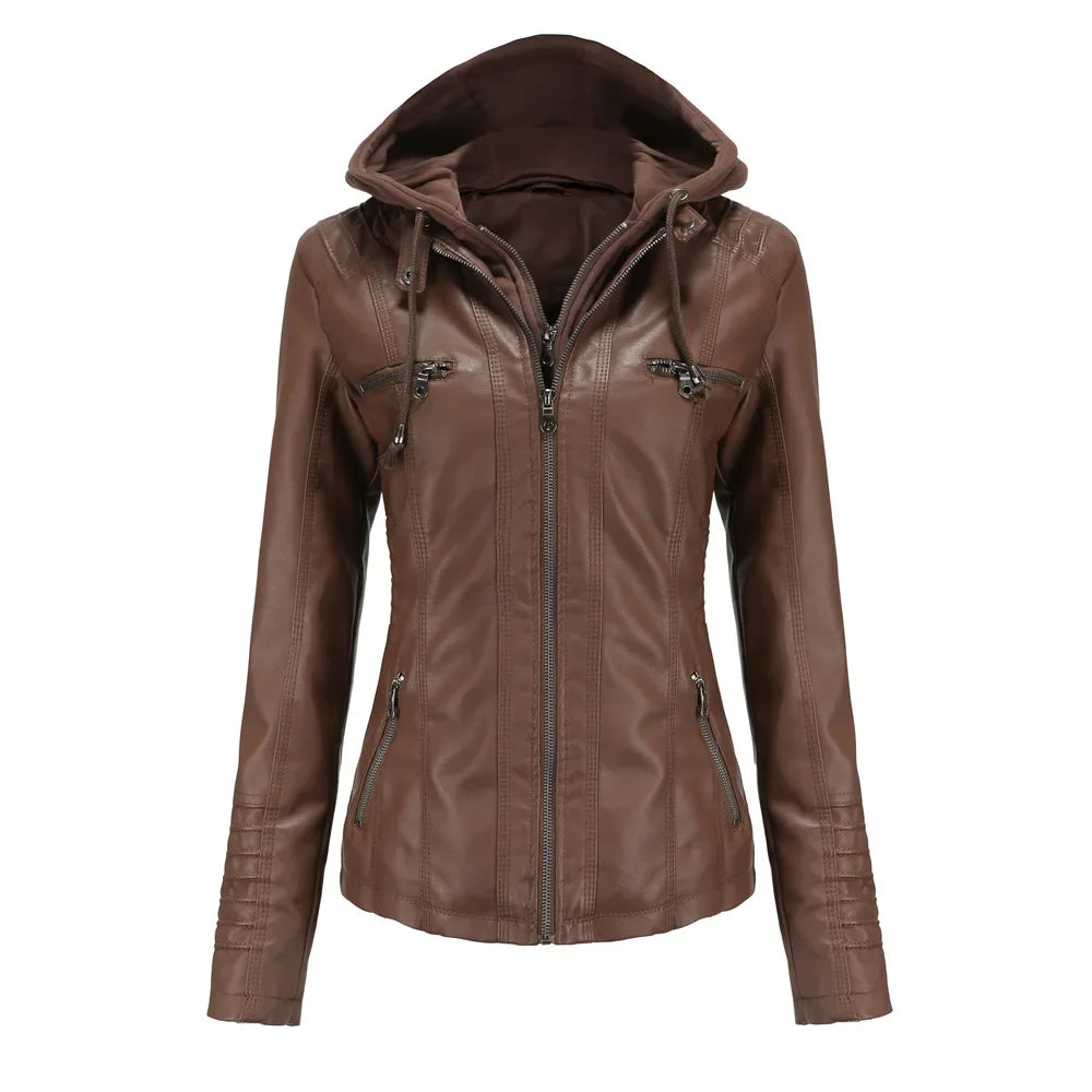 FZ Women's Hooded Faux Leather Moto Biker Zipper Jacket Striped Jacket Polka Dot Jacket Floral Jacket