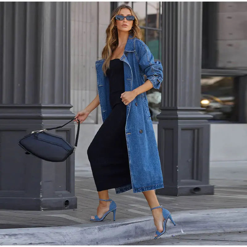FZ Women's Belt Vintage Double Breasted Turndown Collar Denim Long Jacket Knit Fabric Woven Fabric Fleece Fabric FZ Women's Belt Vintage Double Breasted Turndown Collar Denim Long Jacket Knit Fabric Woven Fabric Fleece Fabric
