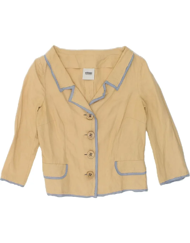 MOSCHINO Womens 3/4 Sleeve 4 Button Blazer Jacket UK 12 Medium Beige Front Pockets Side Pockets Patch Pockets MOSCHINO Womens 3/4 Sleeve 4 Button Blazer Jacket UK 12 Medium Beige Front Pockets Side Pockets Patch Pockets