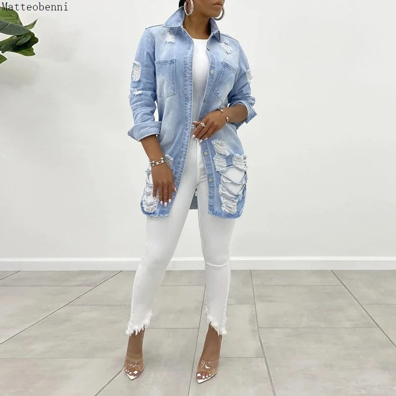 FZ Women's Sexy Ripped Oversized Denim Jacket Print Jacket Jacquard Jacket Embroidered Jacket FZ Women's Sexy Ripped Oversized Denim Jacket Print Jacket Jacquard Jacket Embroidered Jacket