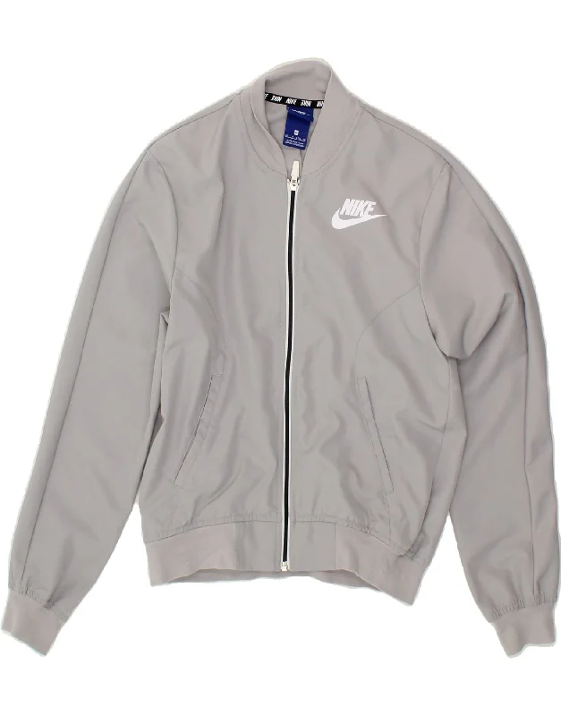 NIKE Womens Oversized Graphic Bomber Jacket UK 6 XS Grey Polyester Welt Pockets Slit Pockets Flap Pockets NIKE Womens Oversized Graphic Bomber Jacket UK 6 XS Grey Polyester Welt Pockets Slit Pockets Flap Pockets