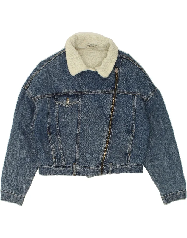 OVS Womens Crop Denim Sherpa Jacket UK 16 Large Blue Cotton Snapped Jacket Toggled Jacket Drawstring Jacket