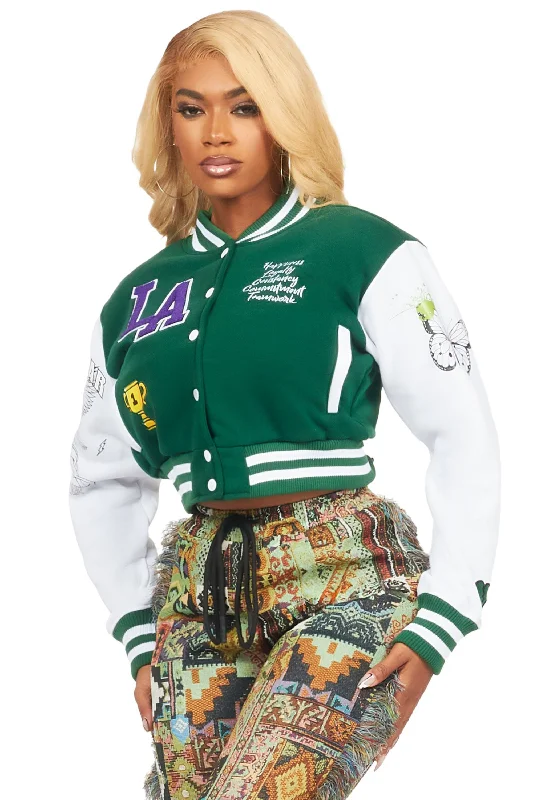 Momo Green Varsity Jacket Tiered Jacket Buttoned Jacket Zippered Jacket