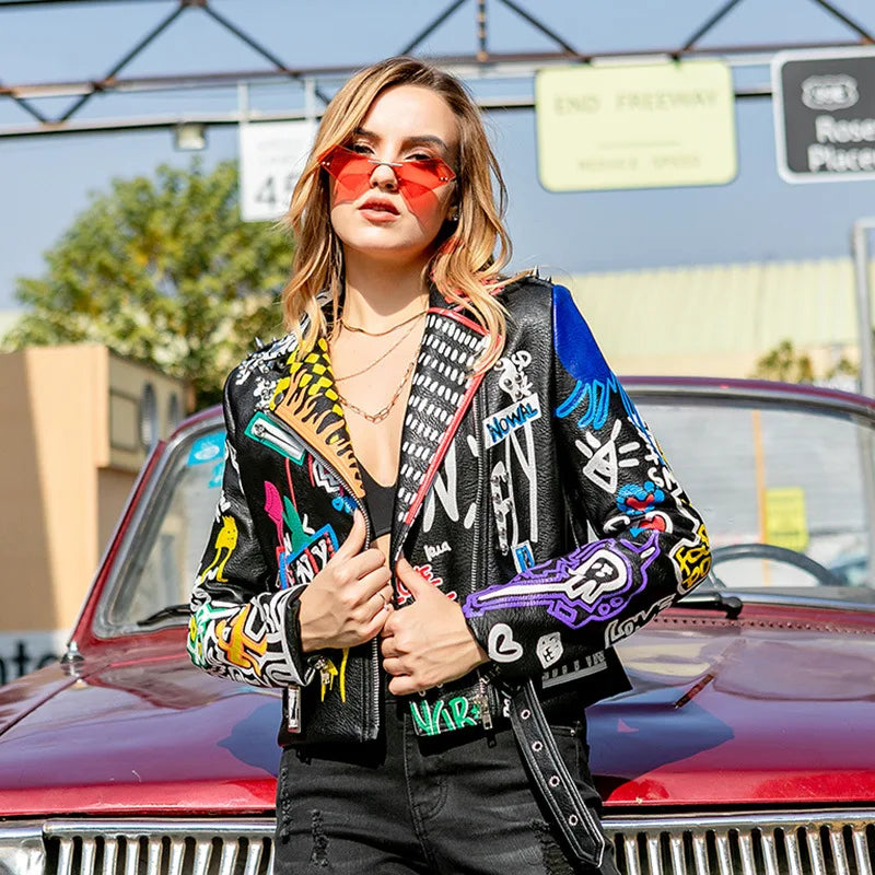 FZ Women's Spring Printed Pu Motorcycle Wear Leather Punk Rock Jacket Hoodie Zip-Up Jacket Button-Up Jacket