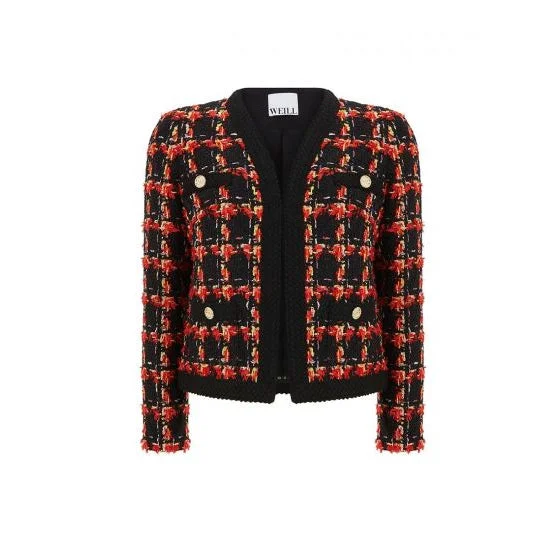 Tailored Check Tweed Jacket Front Pockets Side Pockets Patch Pockets